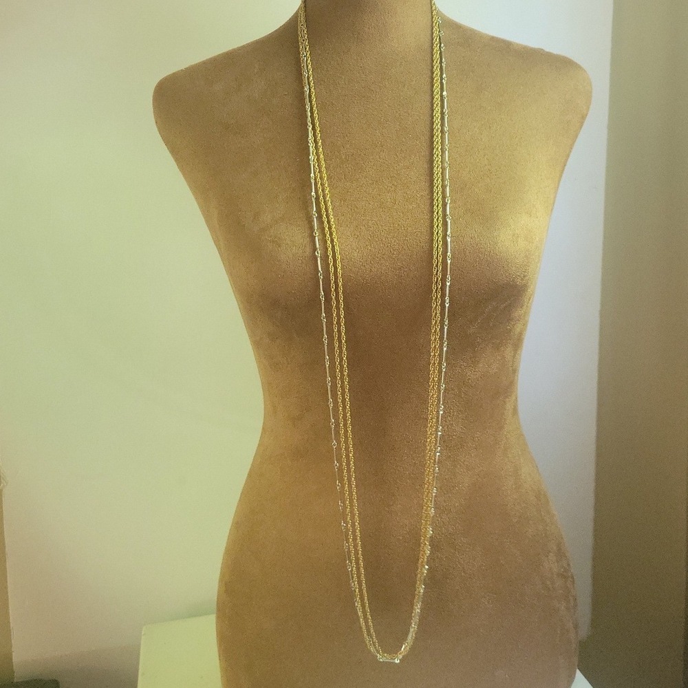 Vintage Two Tone Multi Strand Long Layering Rope Bar Chain Necklace 46"